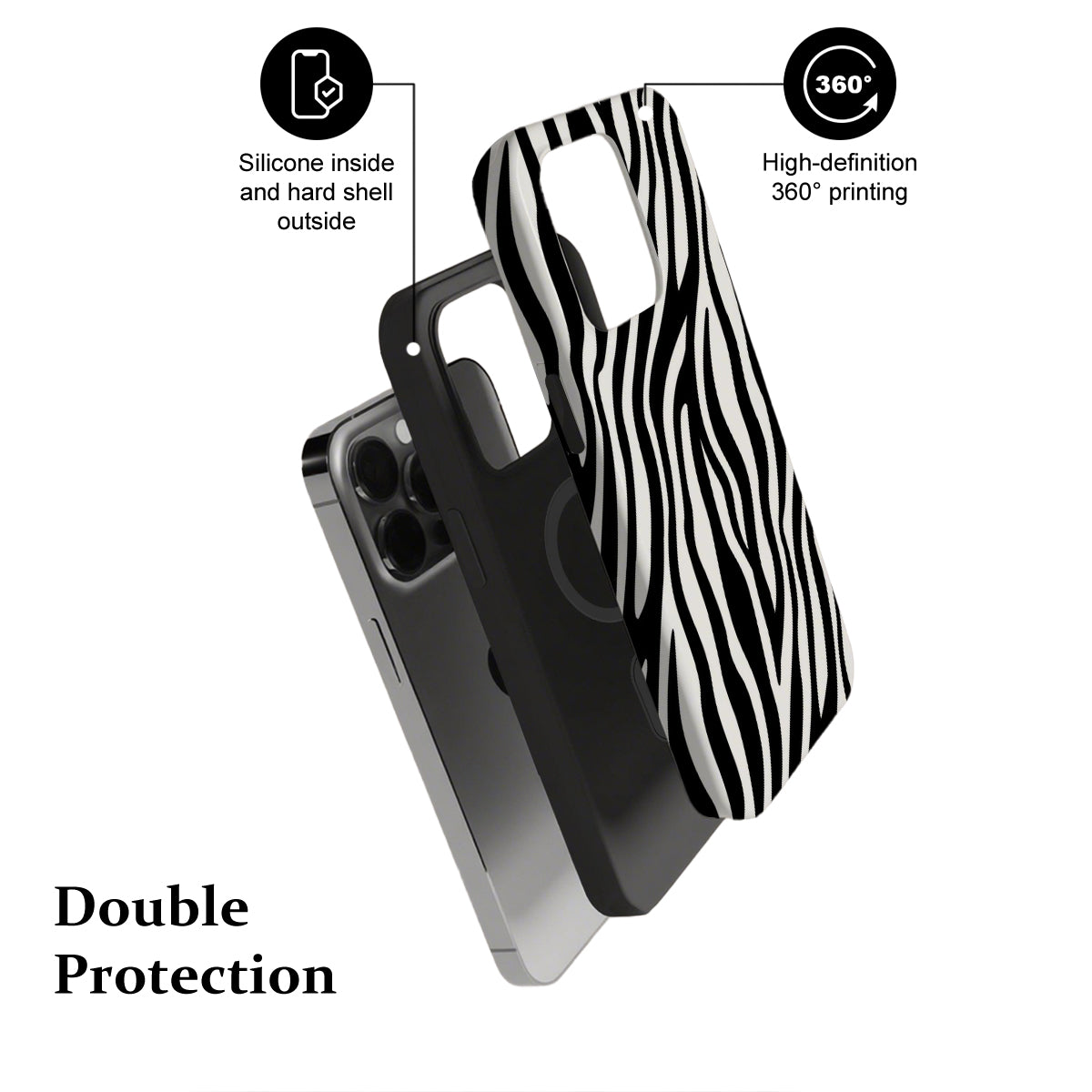 Phone case with zebra pattern and text highlighting features on a white background