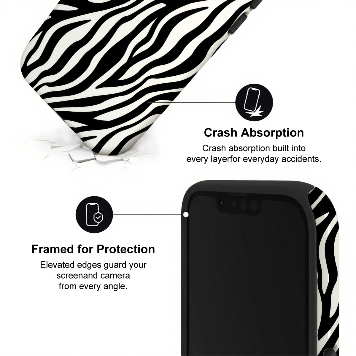 Phone case with zebra pattern and text highlighting crash absorption and protection features.