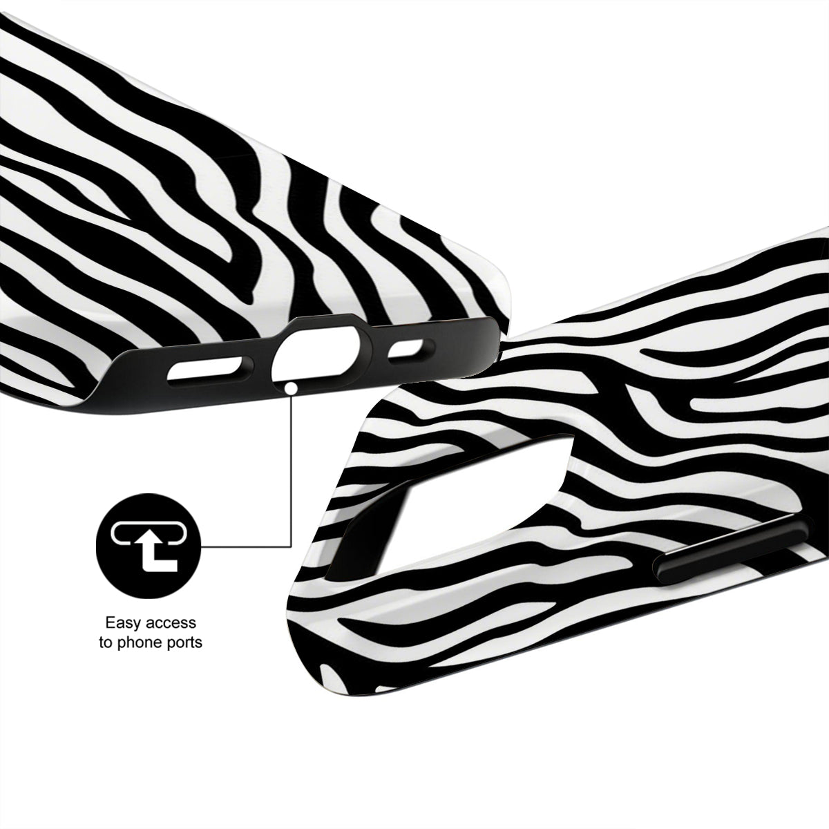 Zebra-patterned earbuds with a focus on design and functionality on a white background.