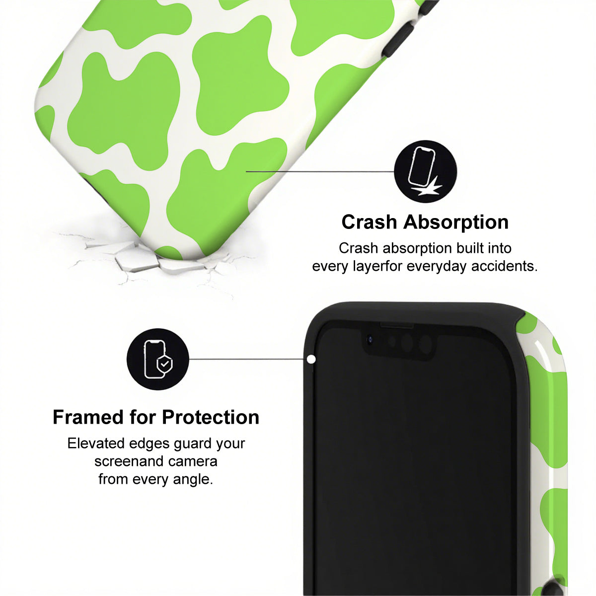 Phone case with green and white pattern and text highlighting crash absorption and protection features.