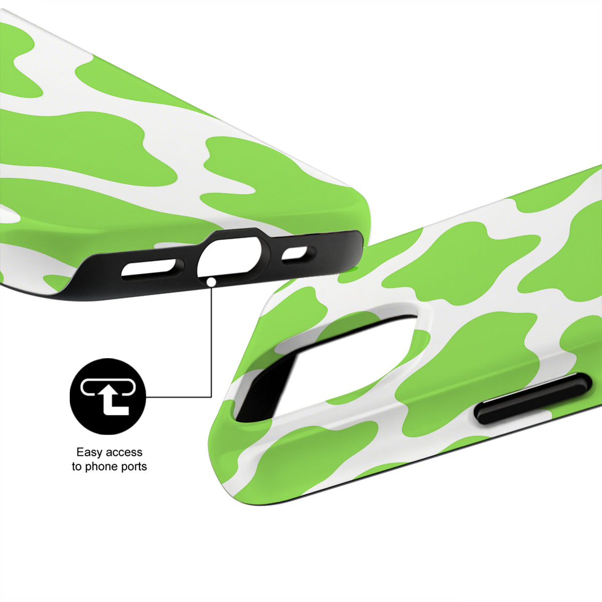 Green and white phone case with ports highlighted on a white background