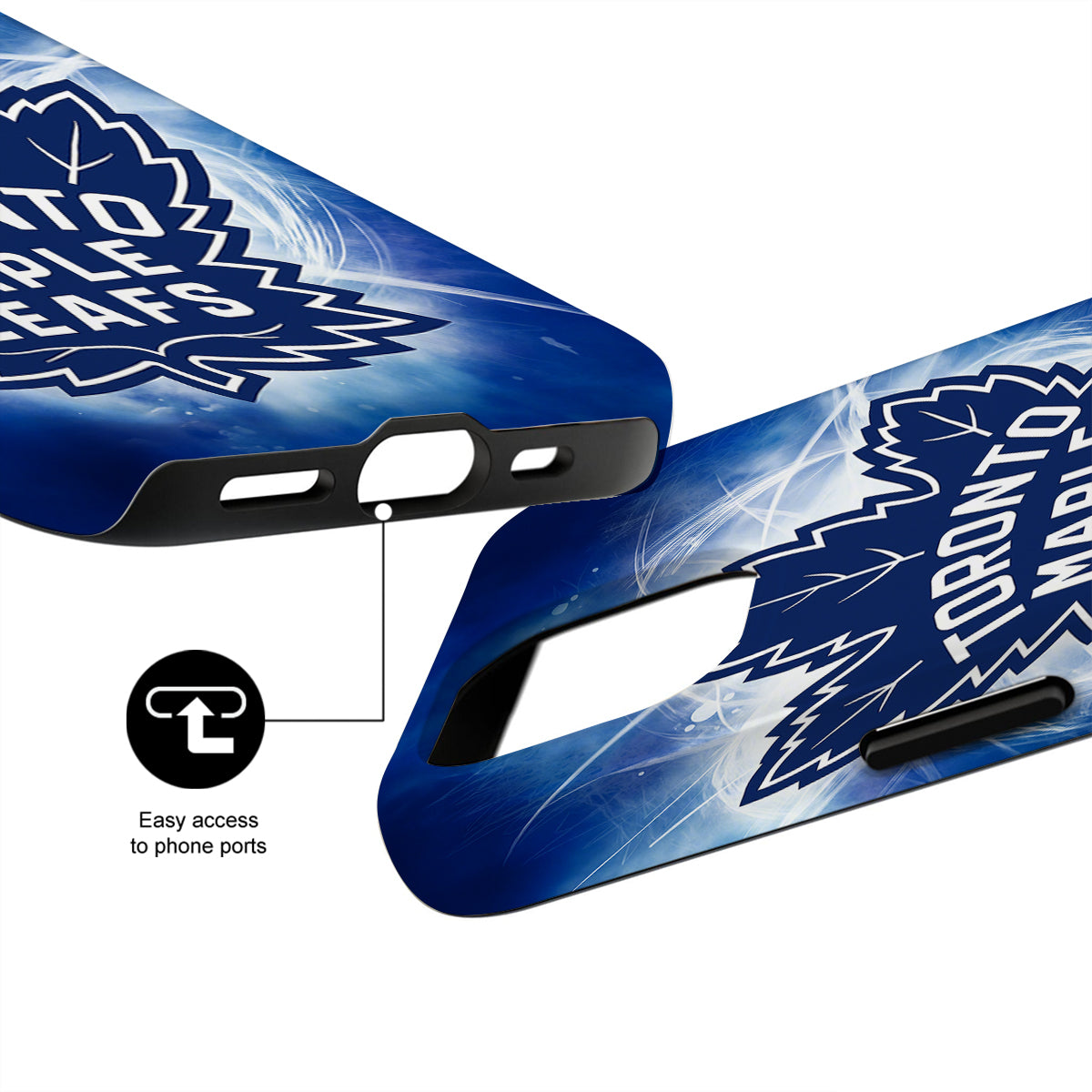 Blue phone case with Toronto Maple Leafs logo and easy access to phone ports feature.