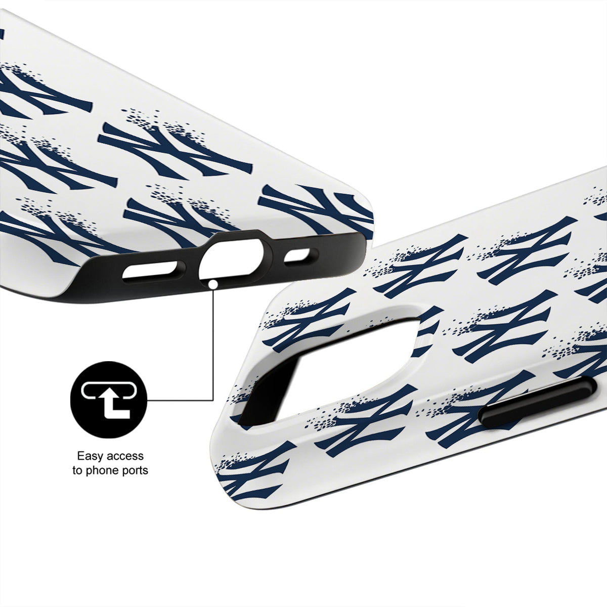 Phone case with blue and white design on a white background