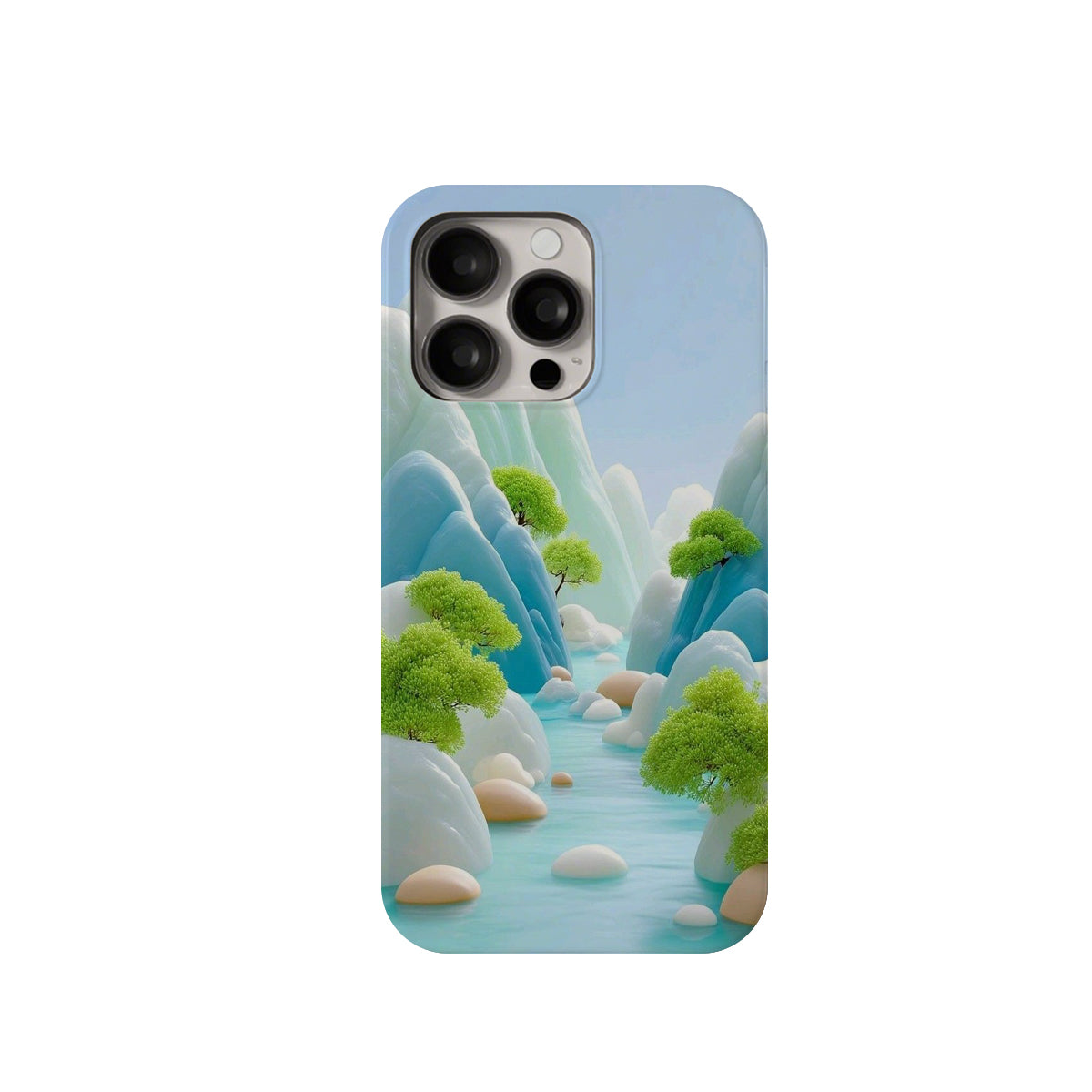 Phone case with a mountain and stream design on a white background