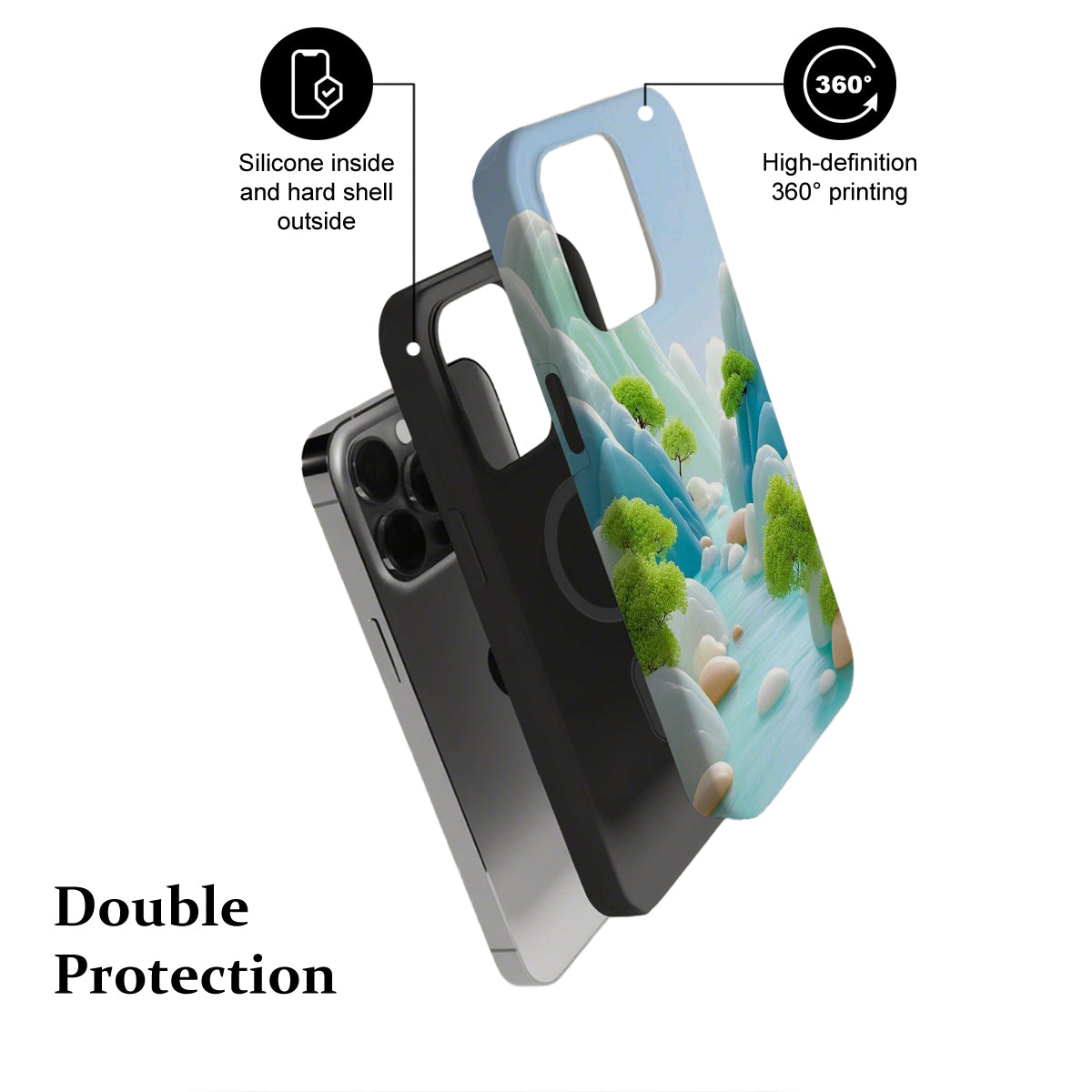 Phone case with 360-degree printing and double protection features on a white background