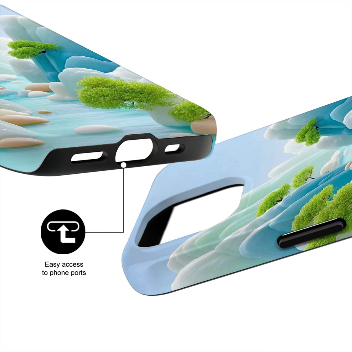 Phone case with nature design and text 'Easy access to phone ports'.