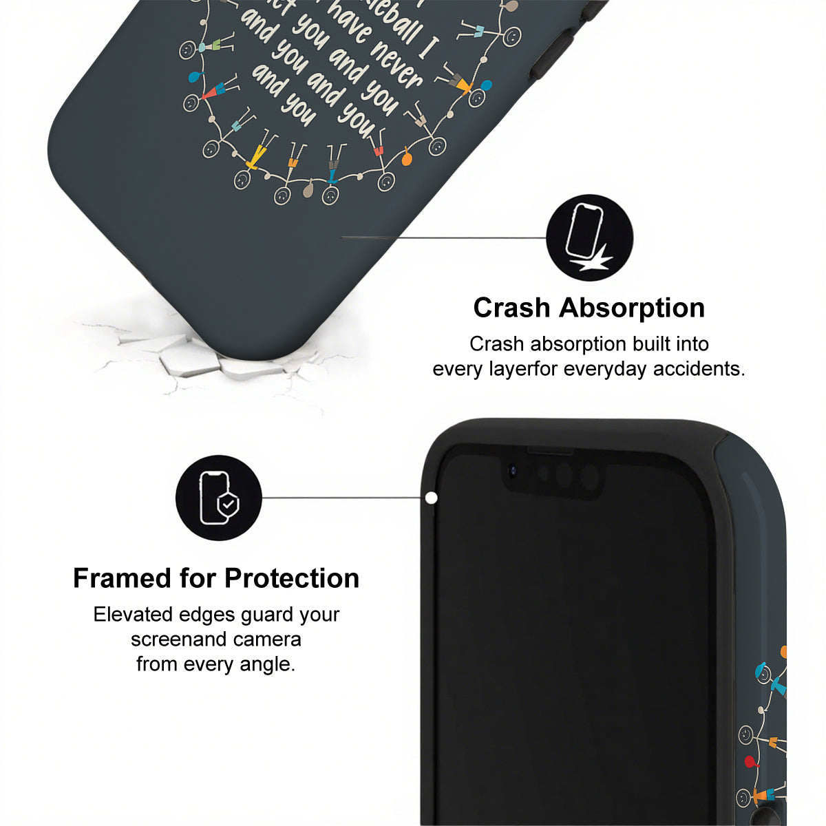Phone case with text highlighting crash absorption and protection features on a white background