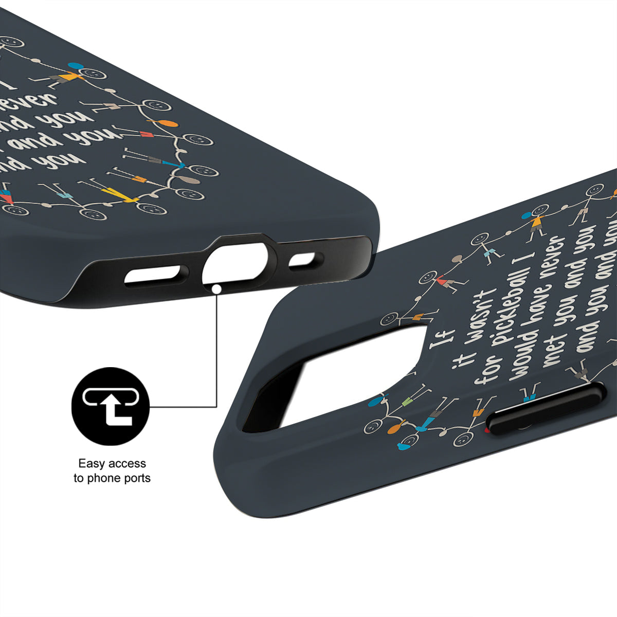 Black phone case with text and bicycle illustrations on a white background