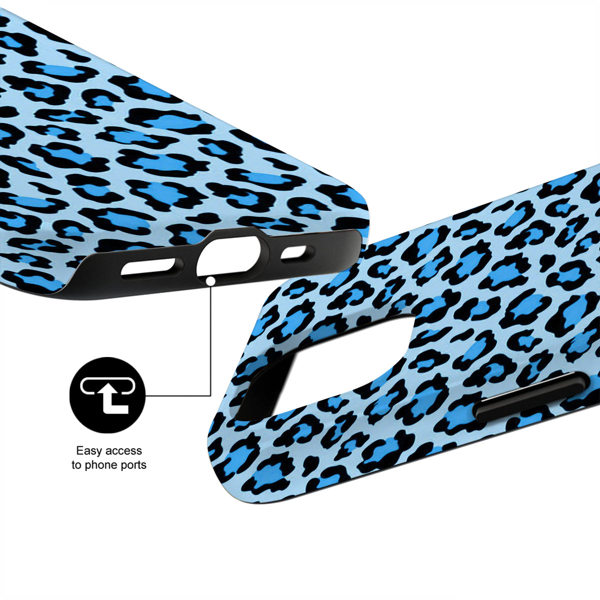 Blue leopard print phone case with easy access to phone ports feature on a white background