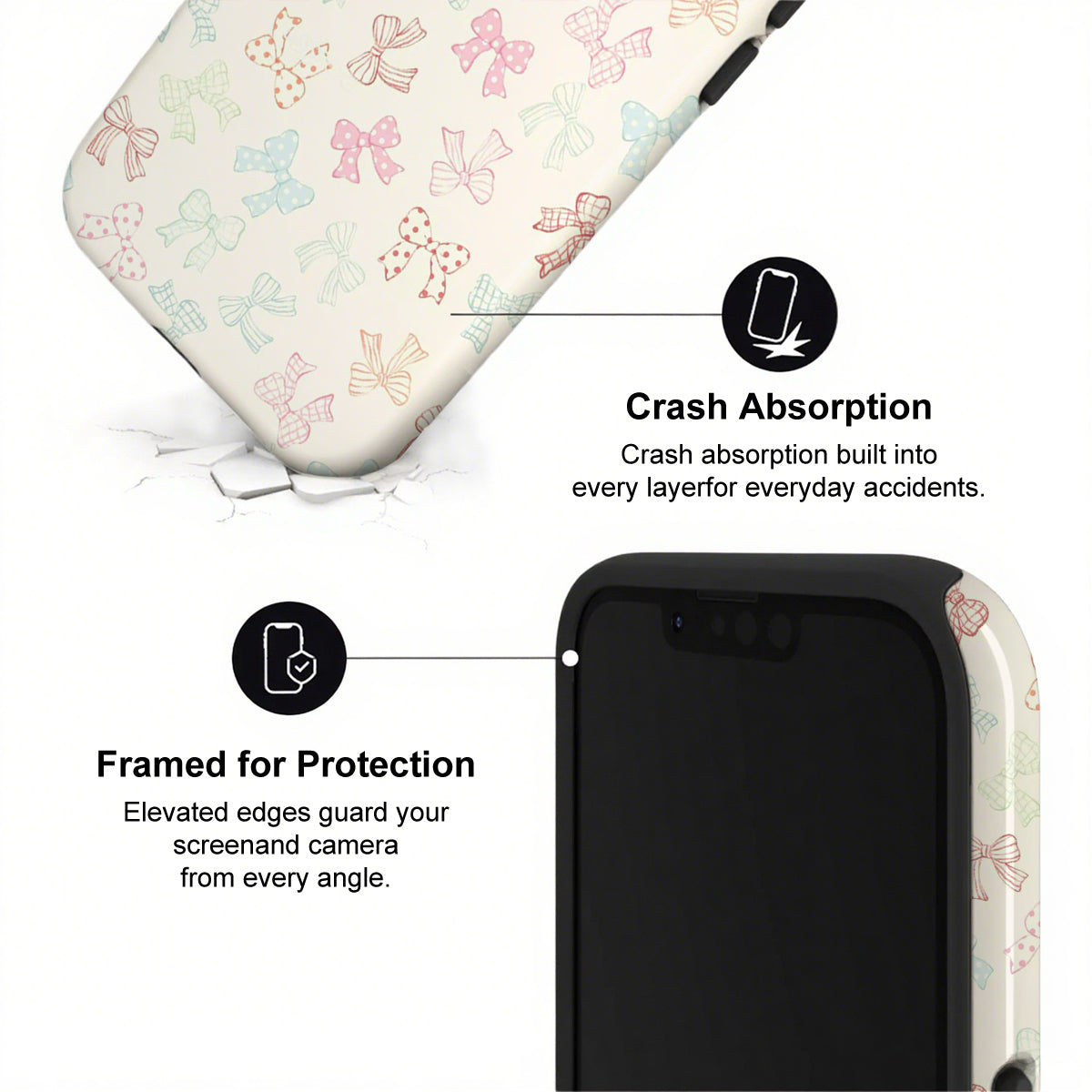 Phone case with bow pattern and text highlighting crash absorption and protection features.