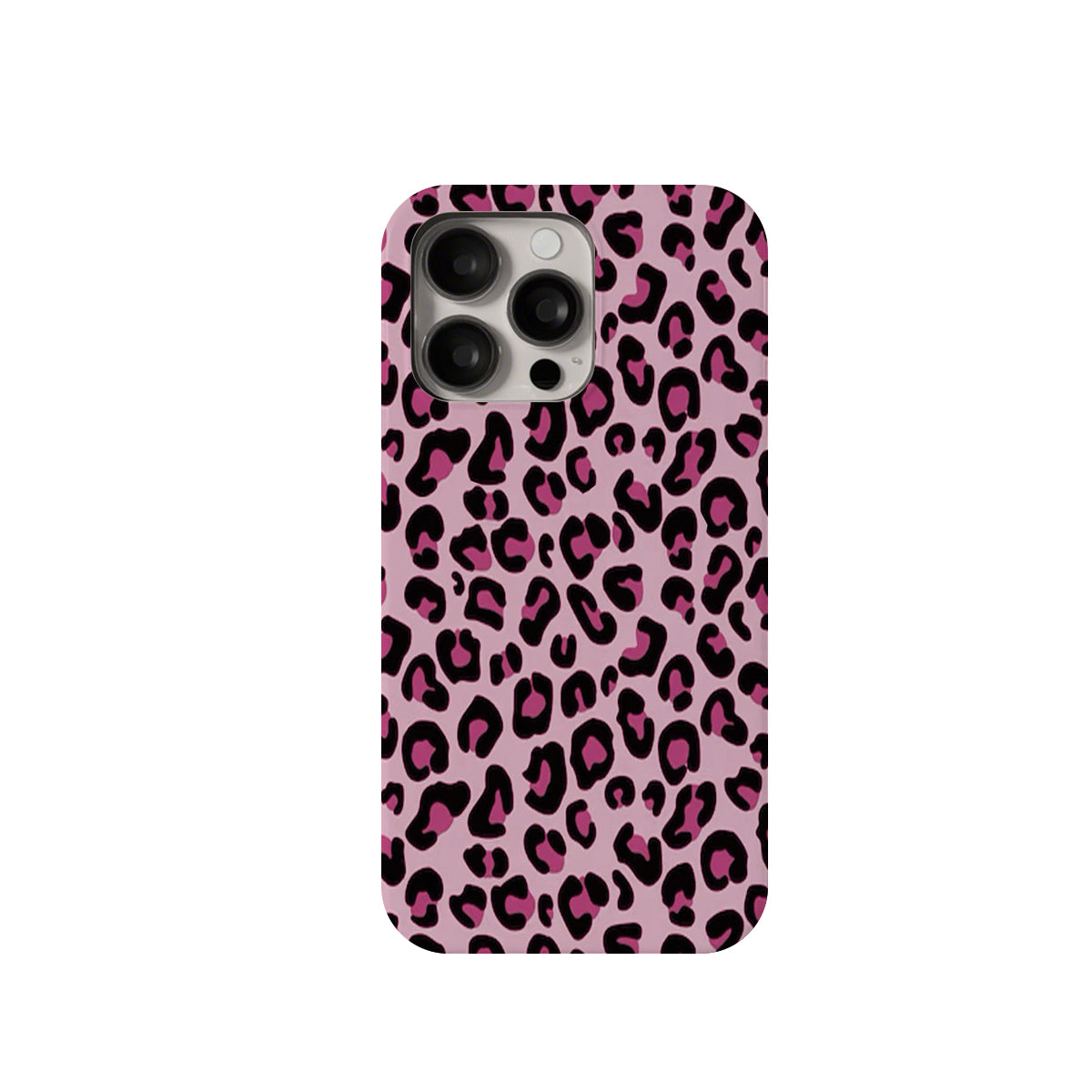 Phone case with pink and black leopard print on a light pink background