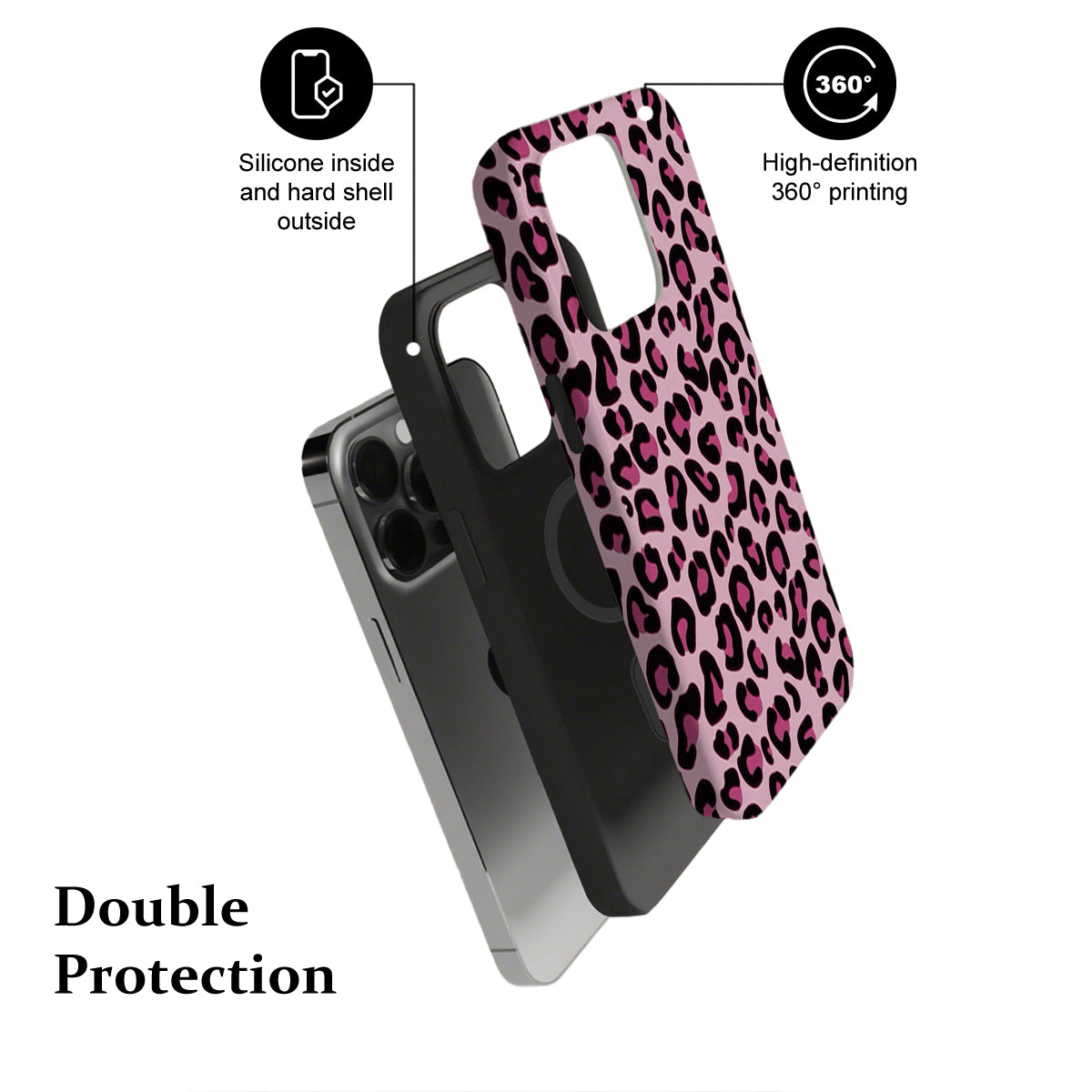 Phone case with pink leopard print design on a white background