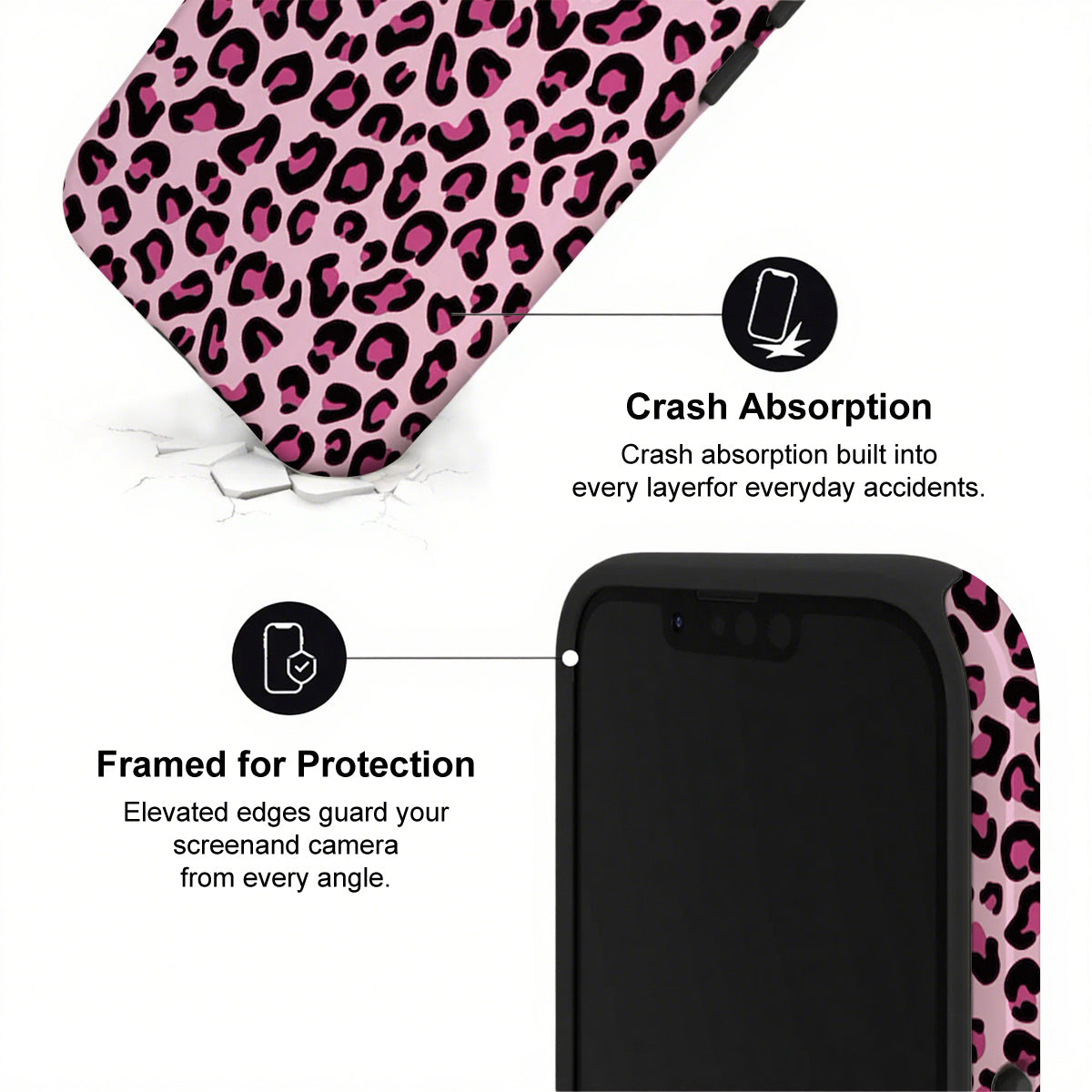 Phone case with pink leopard print design and text highlighting crash absorption and protection features.