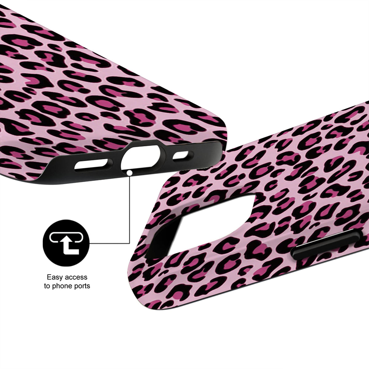Pink leopard print phone case with a focus on design and functionality.