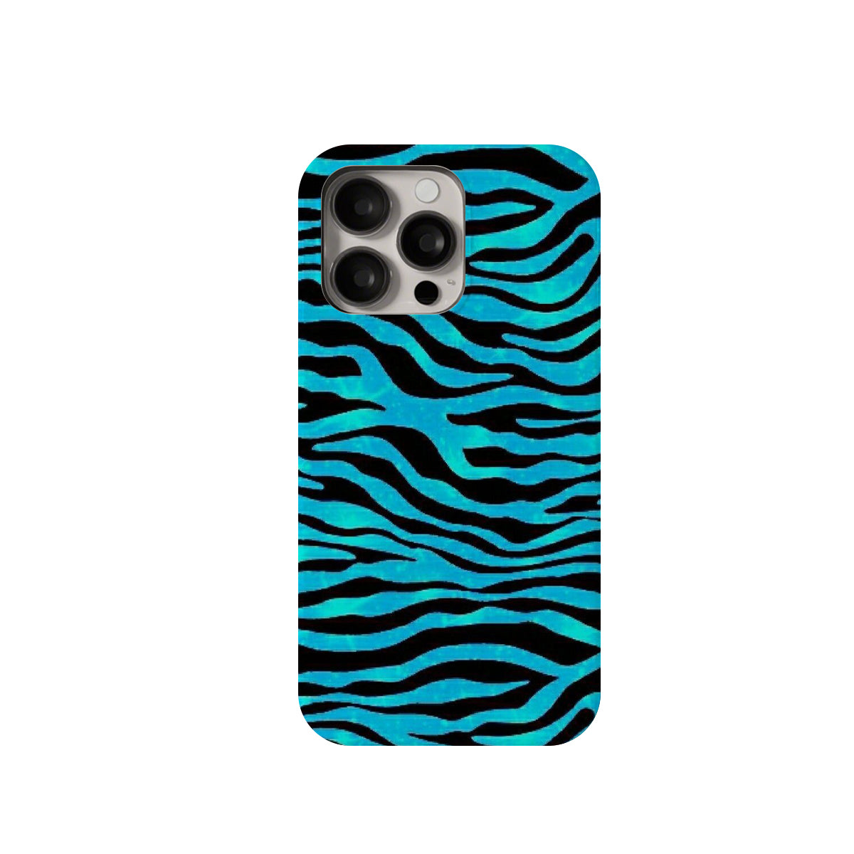 Phone case with blue and black zebra pattern on a white background