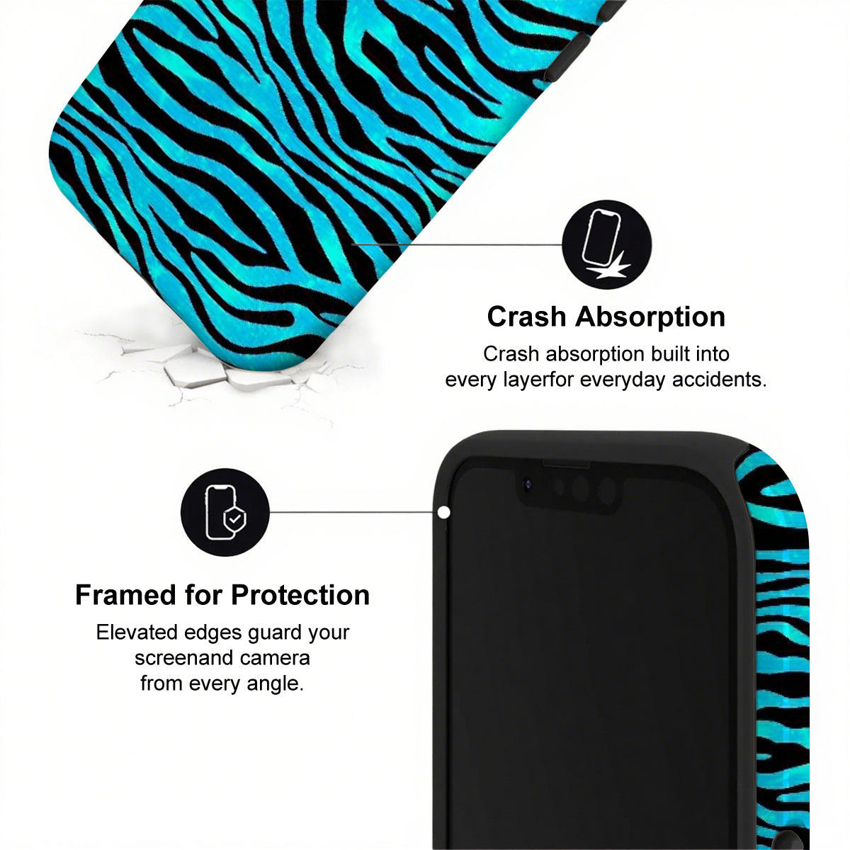 Phone case with blue and black zebra pattern and text about crash absorption and protection.