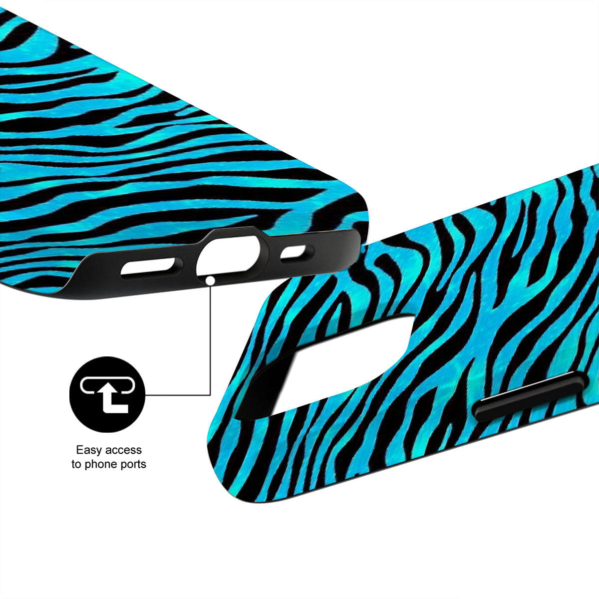 Blue and black zebra pattern phone case with ports indicated on a white background