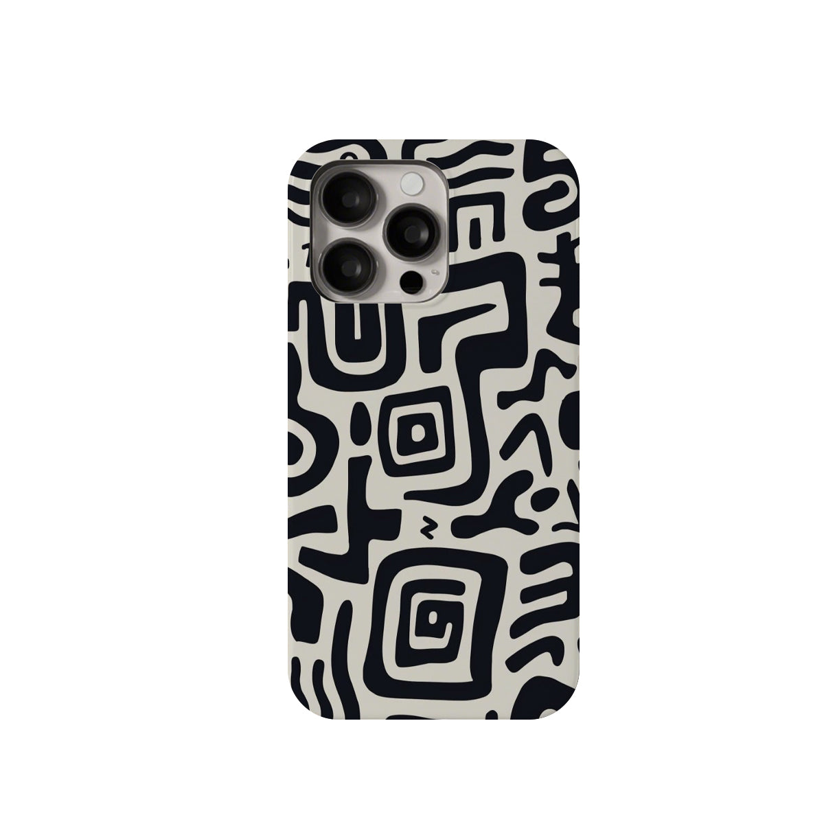 Phone case with black abstract pattern on a white background