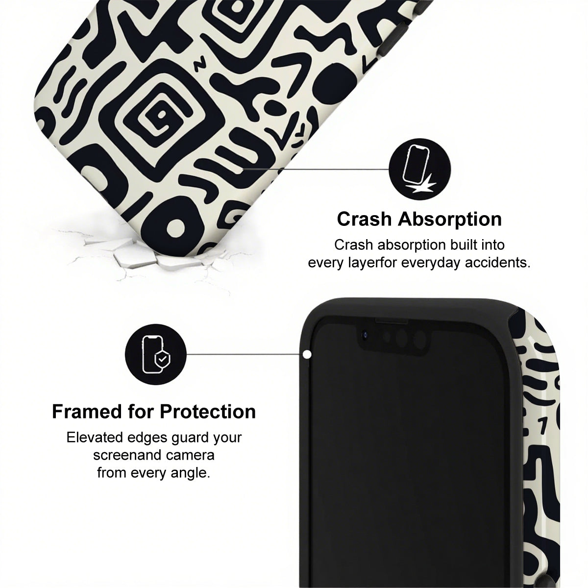 Phone case with black and white pattern and text highlighting crash absorption and protection.
