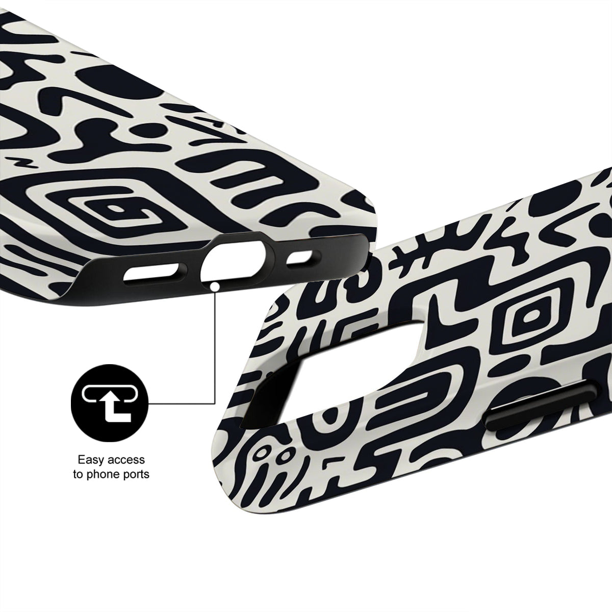 Black and white phone case with geometric pattern and text 'Easy access to phone ports'.