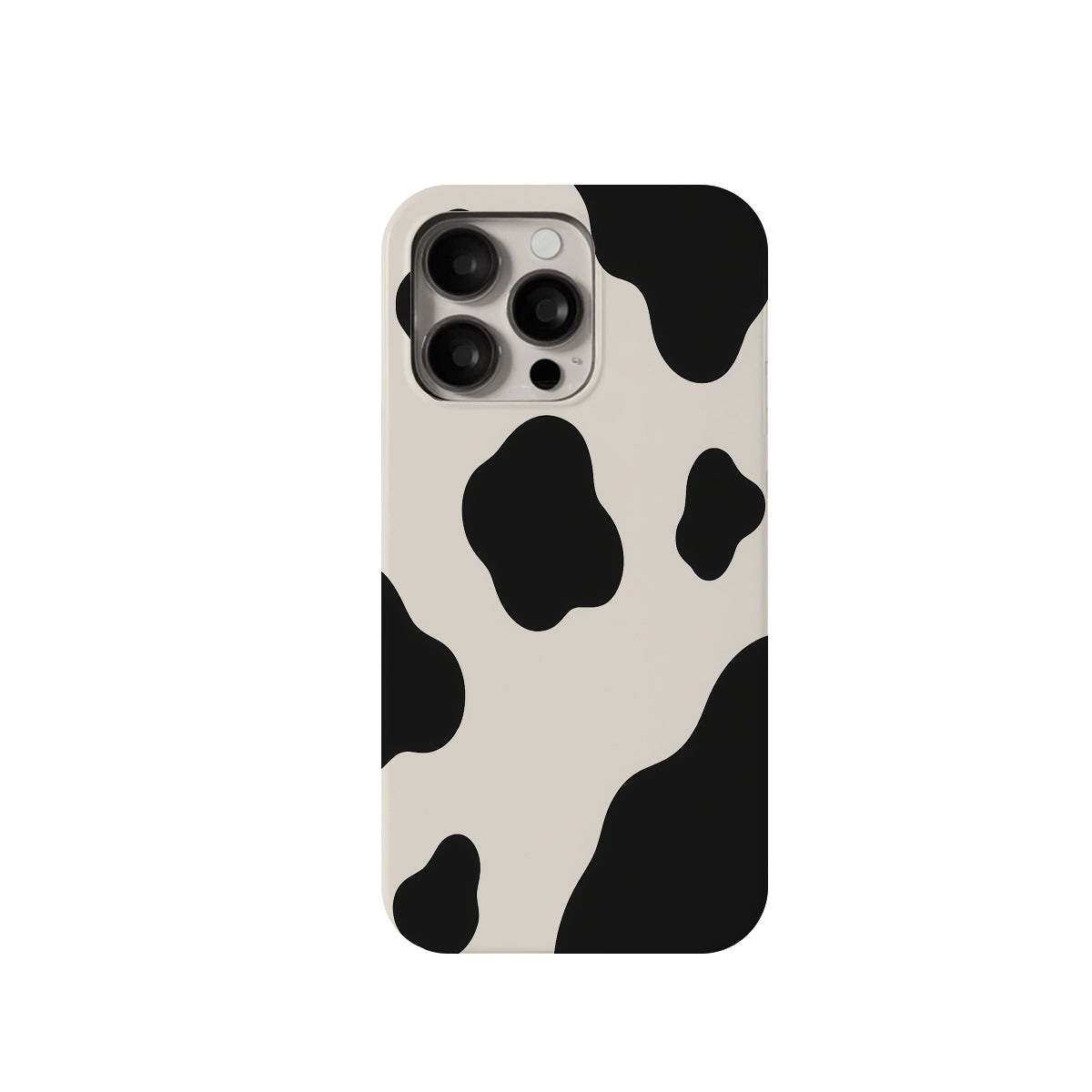 Phone case with black and white cow print pattern on a white background