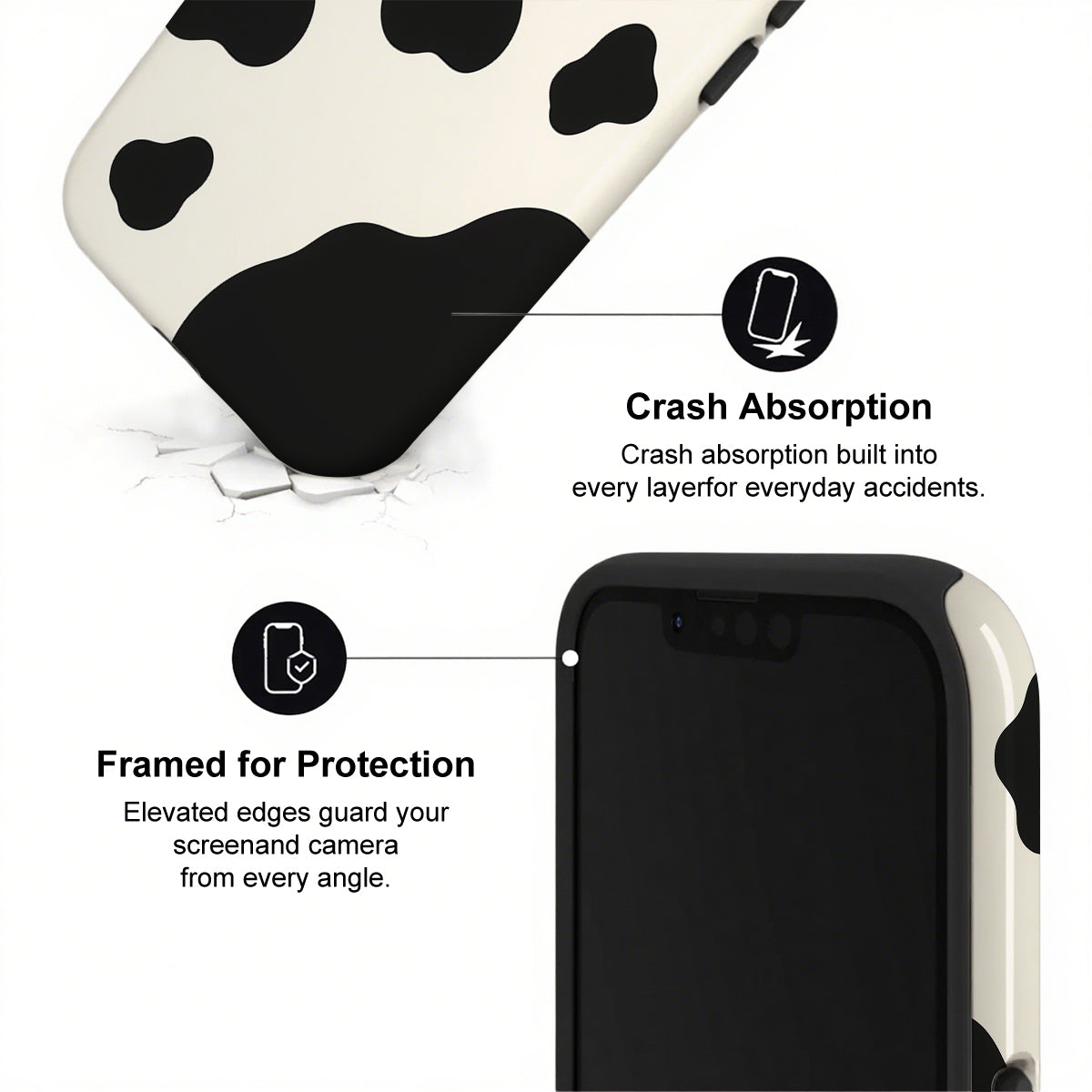 Phone case with cow print design and text highlighting crash absorption and protection features.