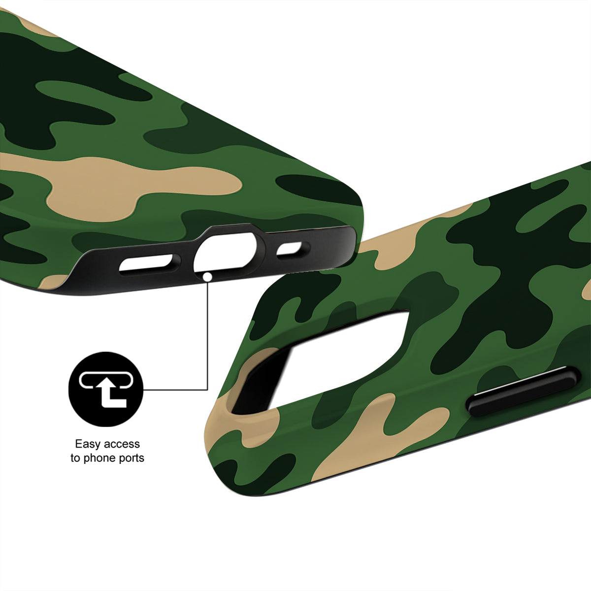 Camouflage phone case with easy access to phone ports feature on a white background