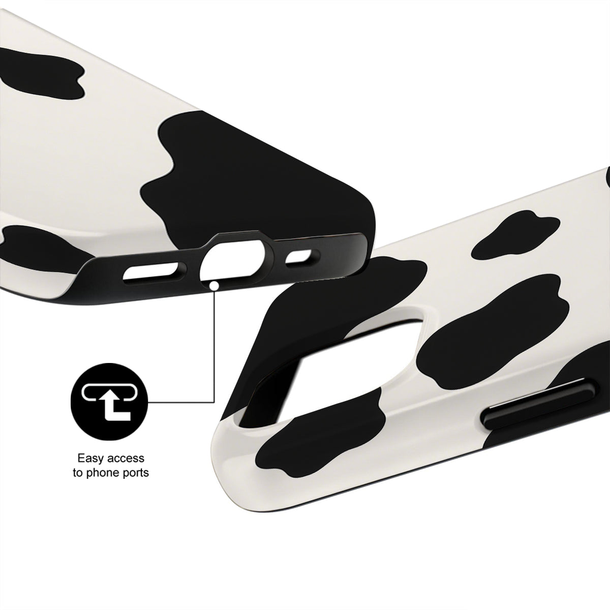 Cow print phone case with black accents on a white background