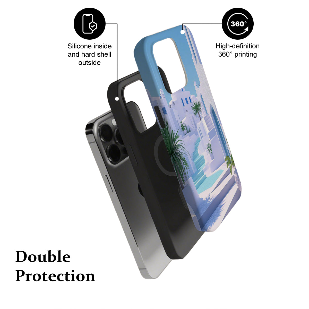 Phone case with illustration of a cityscape, labeled 'Double Protection' with features highlighted.