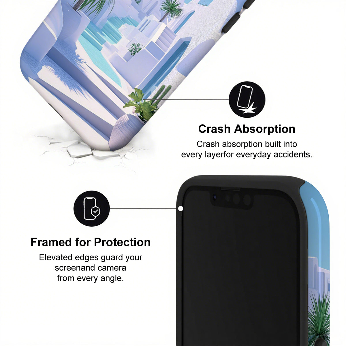 Phone case with crash absorption and framed protection features on a white background