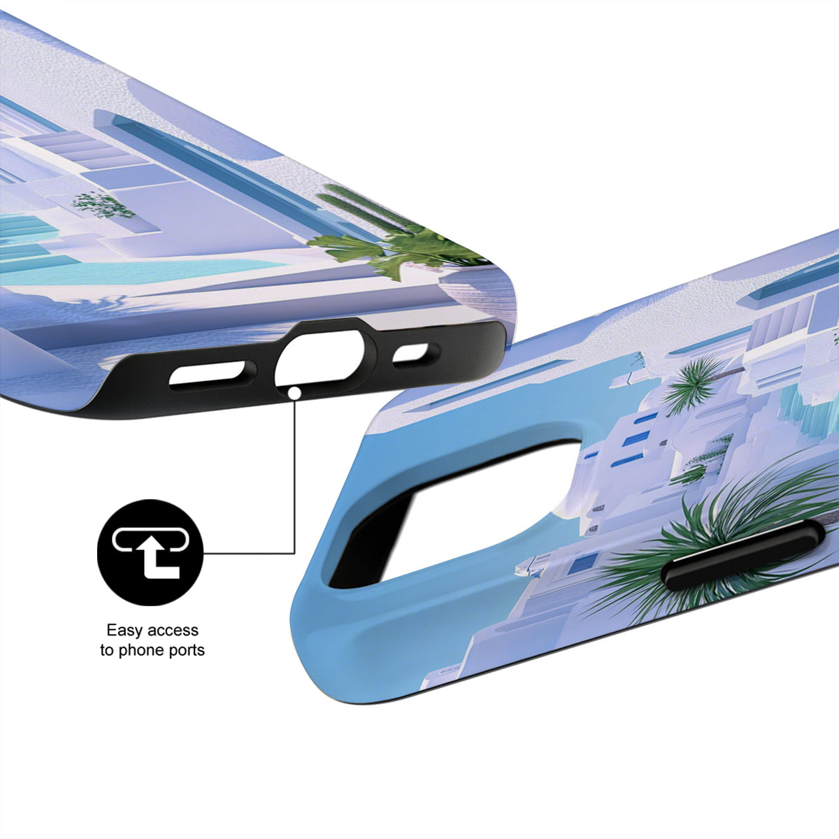Phone case with palm tree design and easy access to phone ports feature