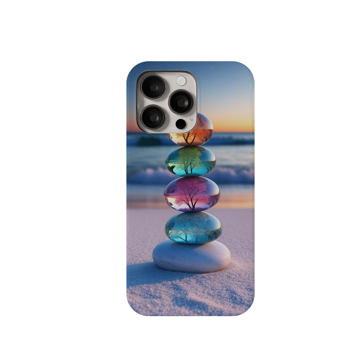 Phone case with stacked colorful stones design on a beach at sunset