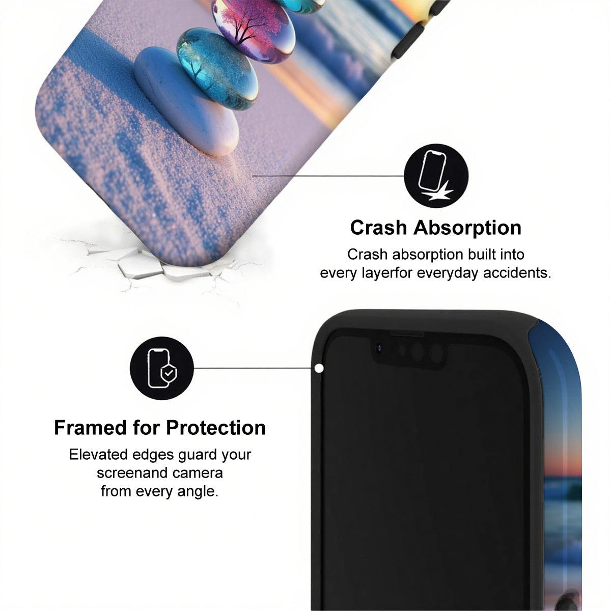 Phone case with crash absorption and framed protection features on a white background