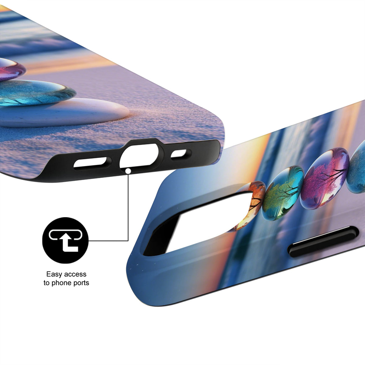 Phone case with colorful design and text 'Easy access to phone ports' on a white background