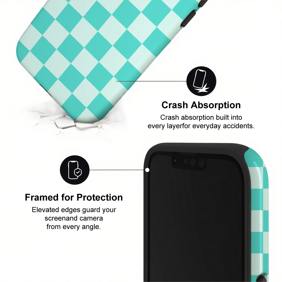 Phone case with checkered design and text highlighting crash absorption and protection features.