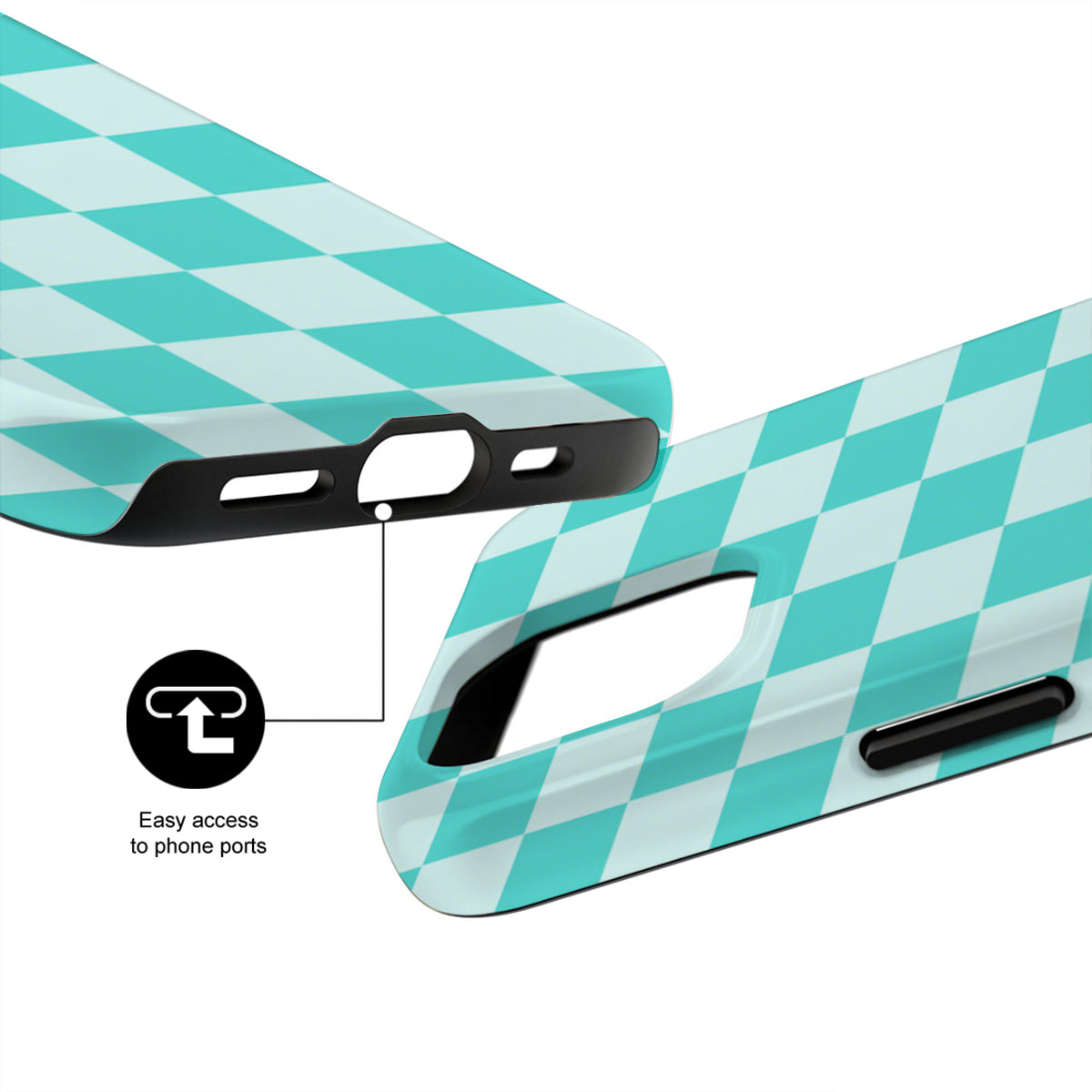 Checkered phone case with clear back and black accents on a white background