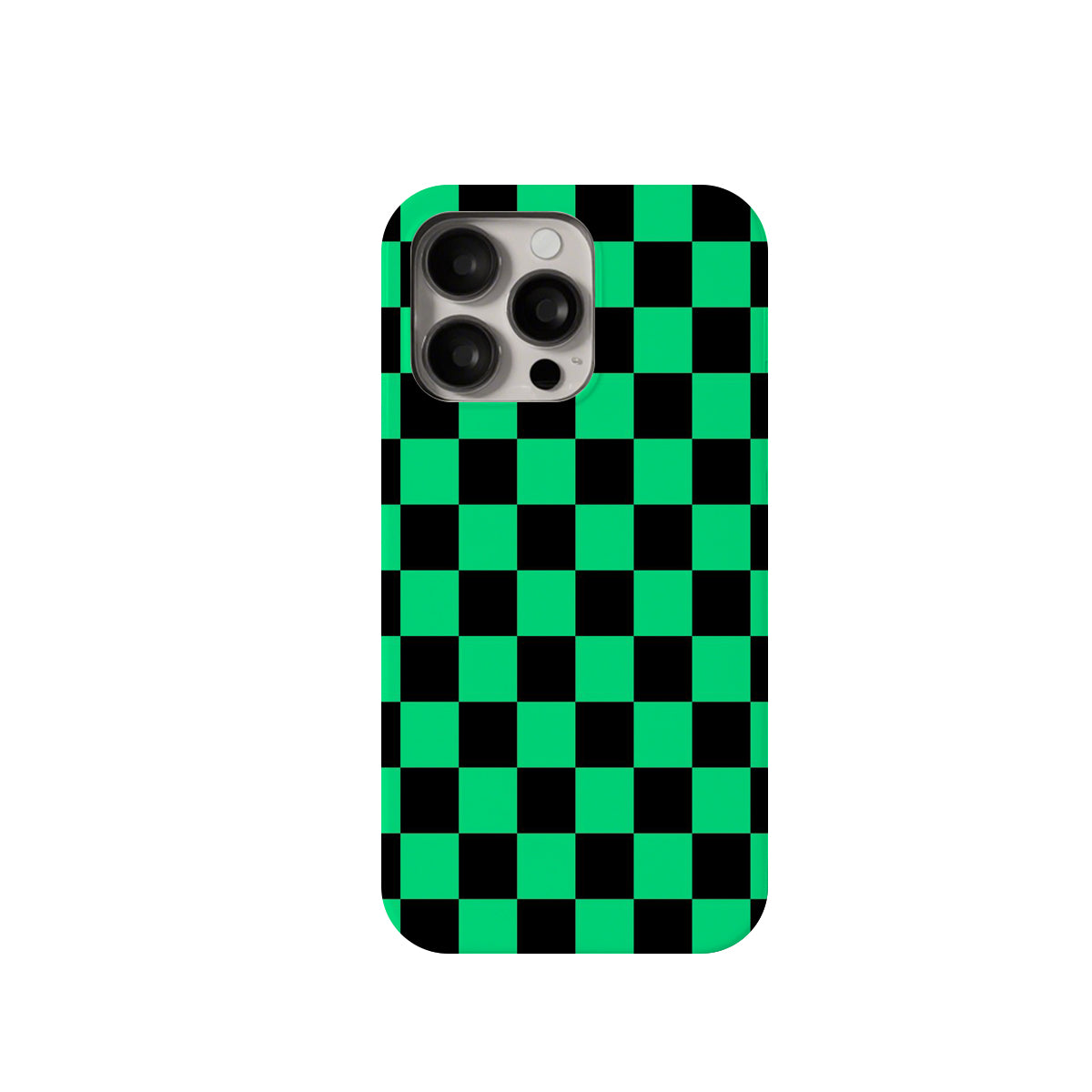 Phone case with green and black checkered pattern on a white background