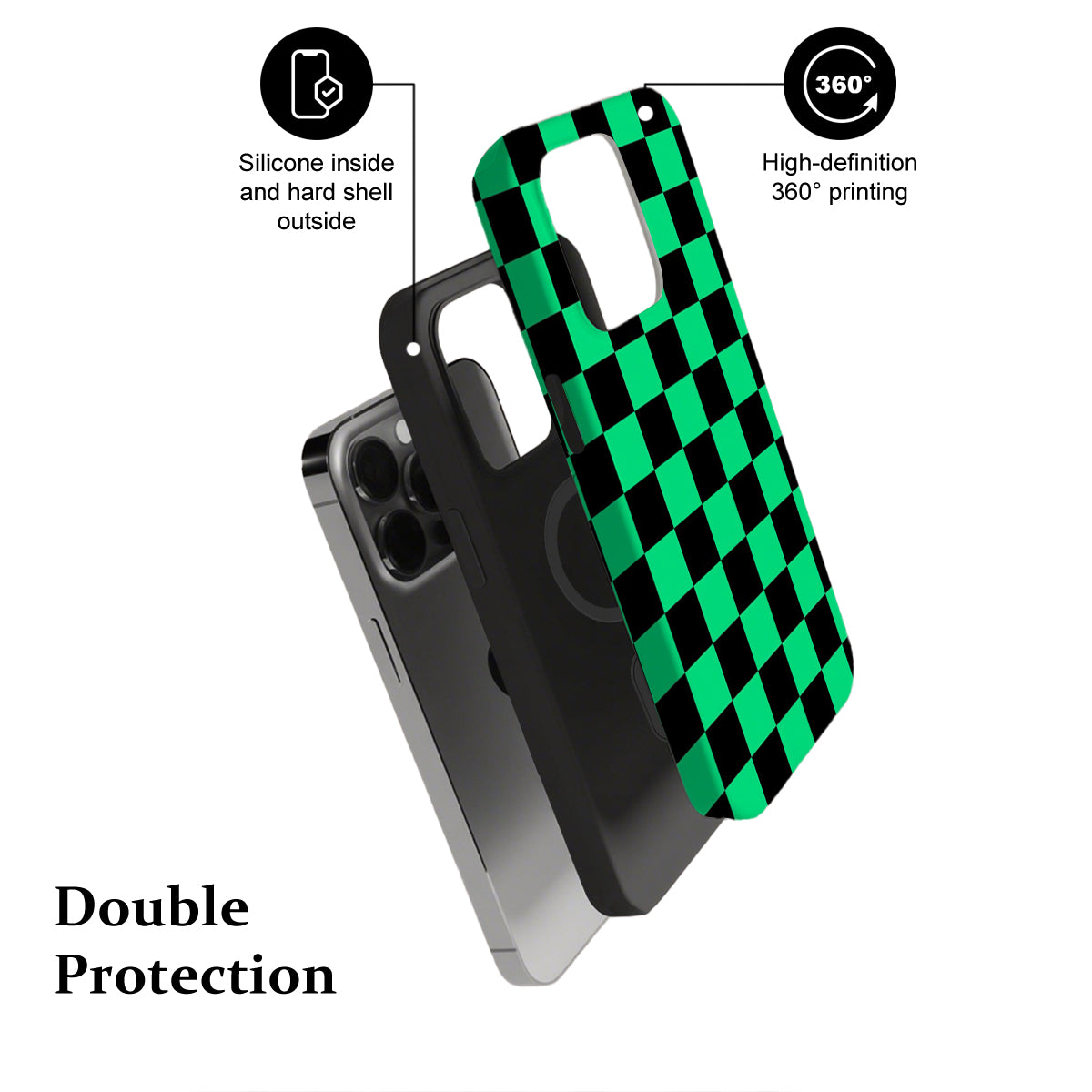 Phone case with green and black checkered pattern, highlighting features on a white background.