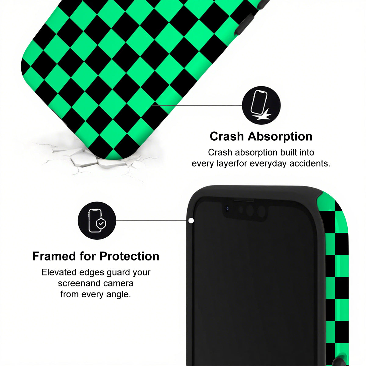 Phone case with green and black checkered pattern and text about crash absorption and protection.