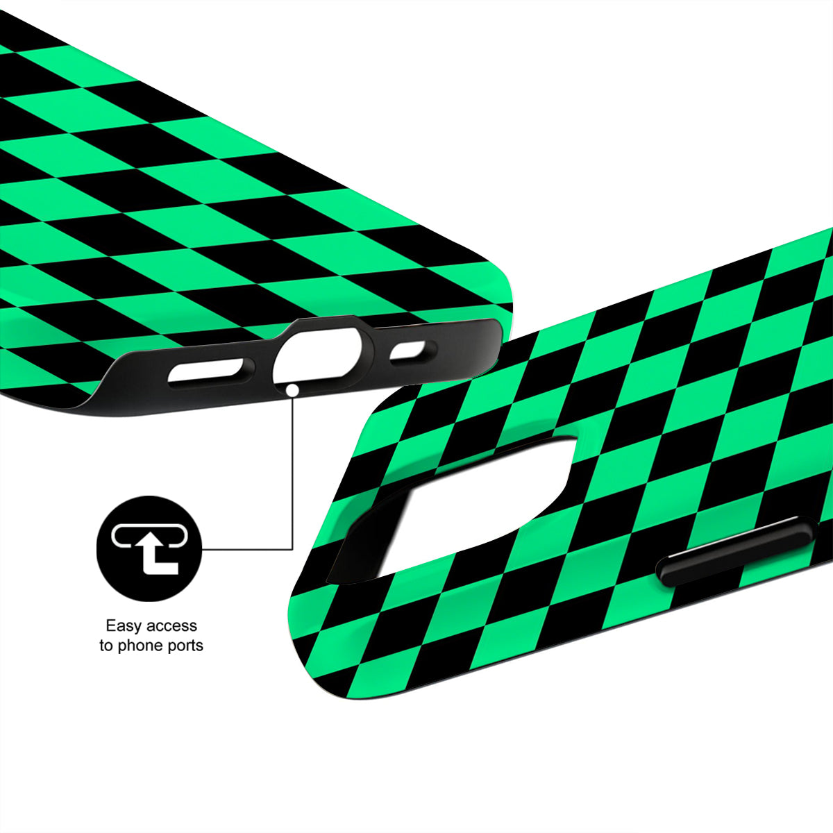 Green and black checkered phone case with ports highlighted on a white background