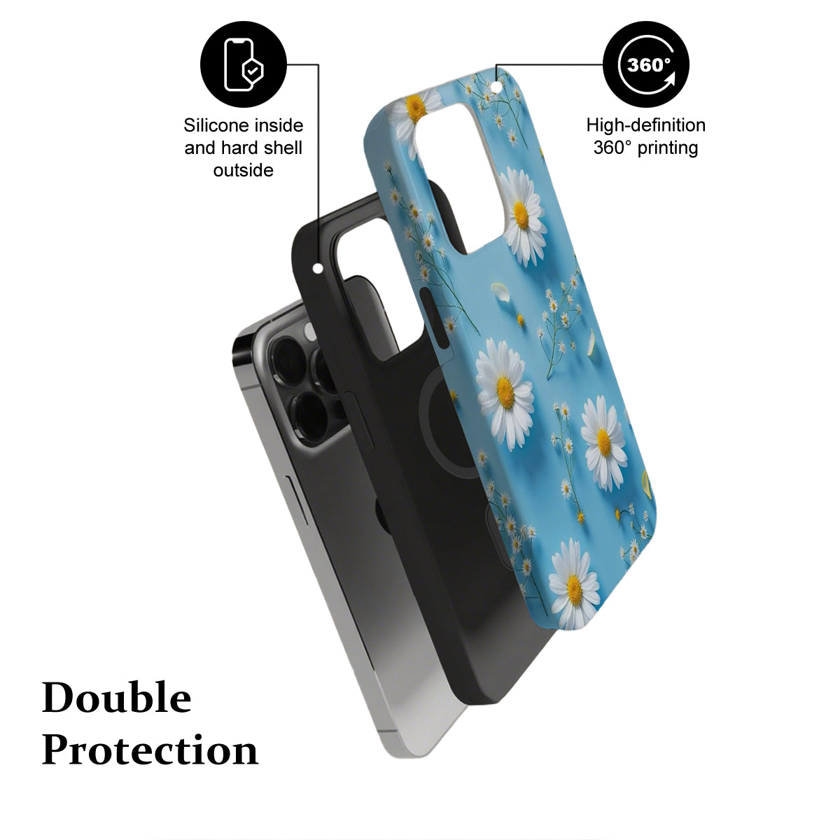 Phone case with floral design and text highlighting features on a white background