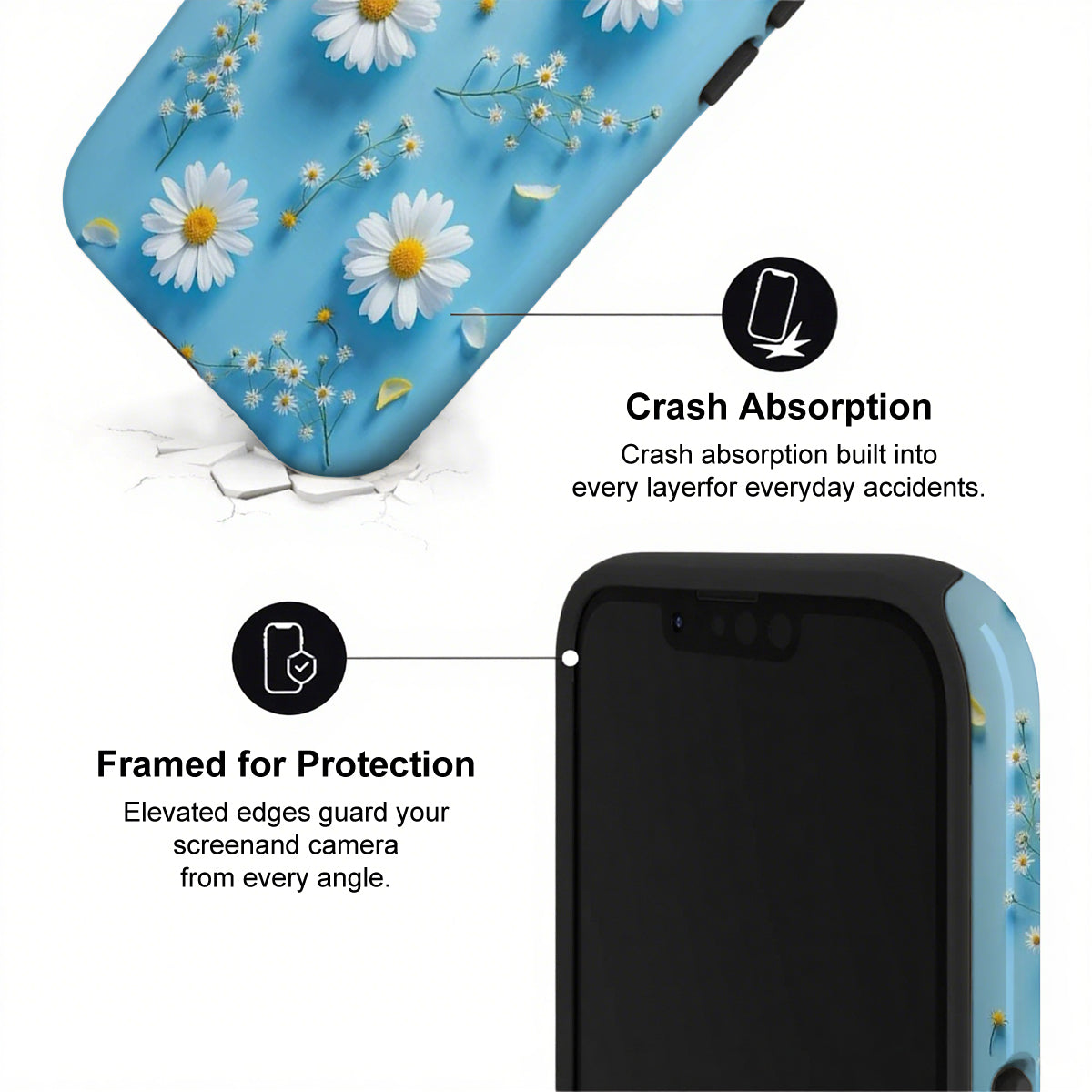 Phone case with floral design and text highlighting crash absorption and protection features.