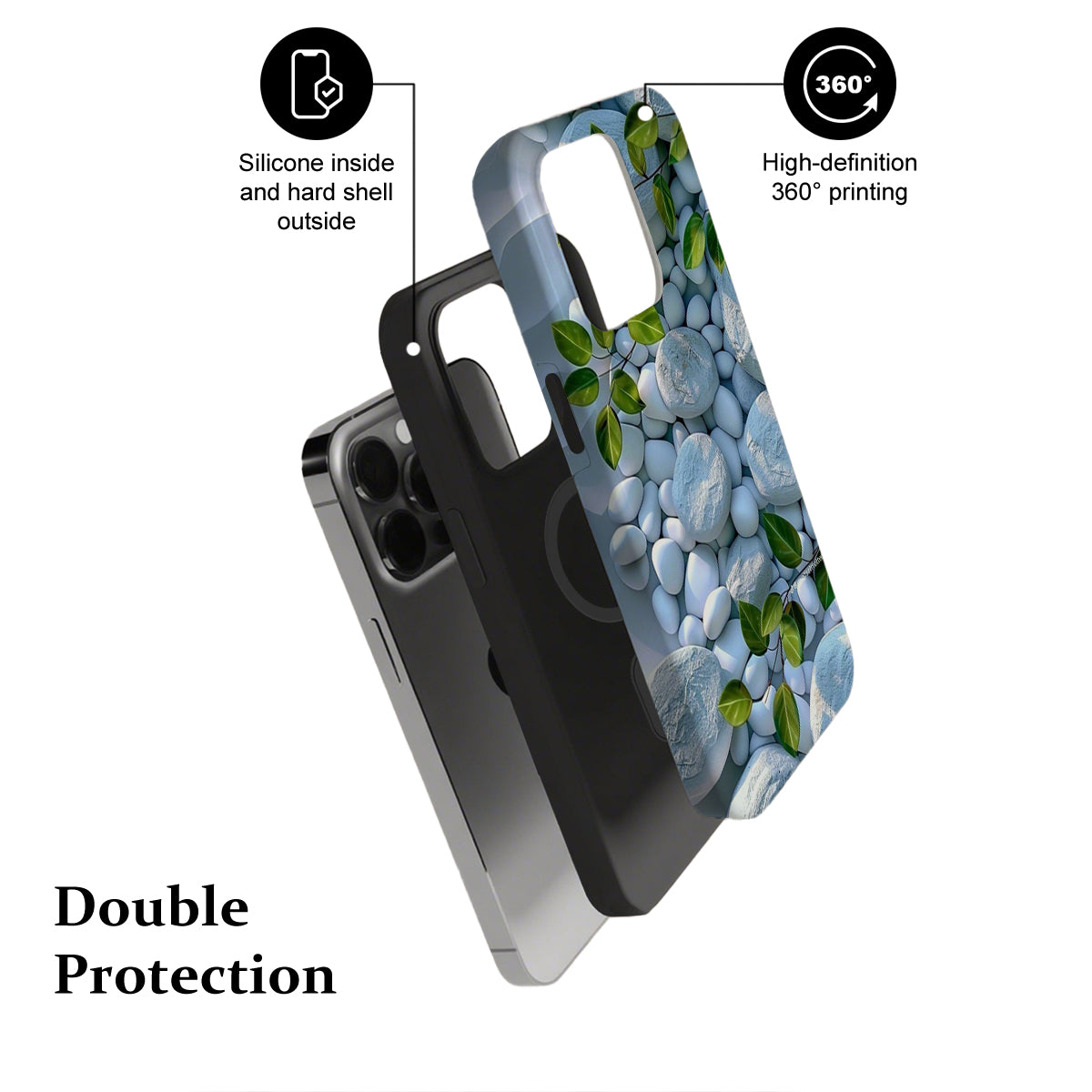 Phone case with pebble design and text highlighting features on a white background