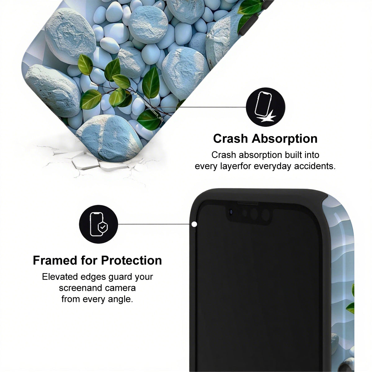 Phone case with text on crash absorption and protection, featuring a close-up of pebbles and leaves.