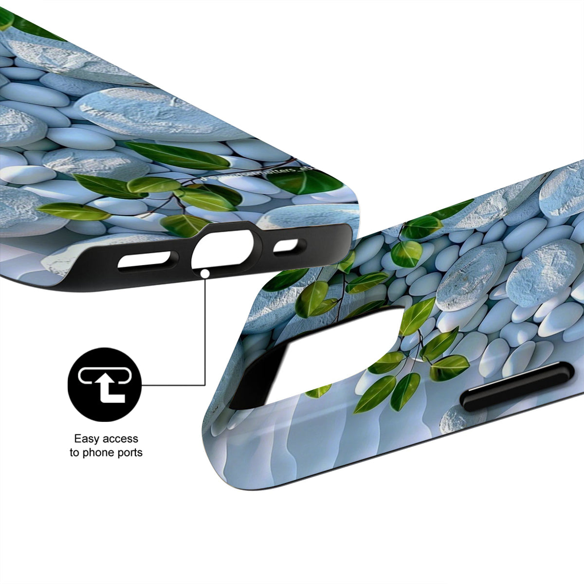 Phone case with pebble and leaf design on a white background