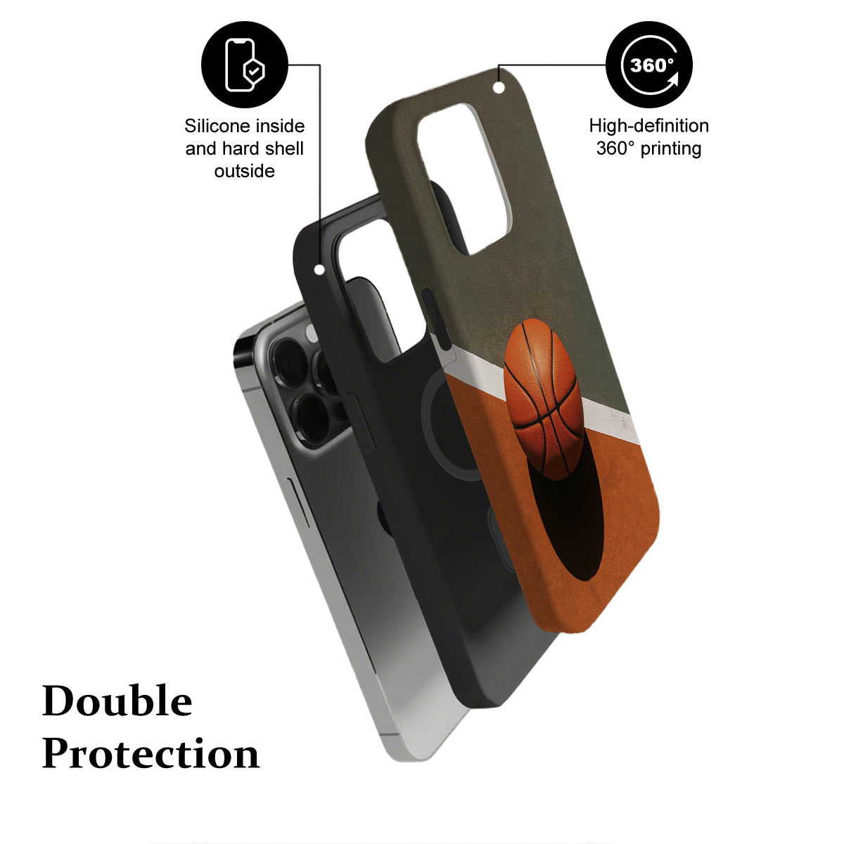 Phone case with basketball design and text highlighting features on a white background