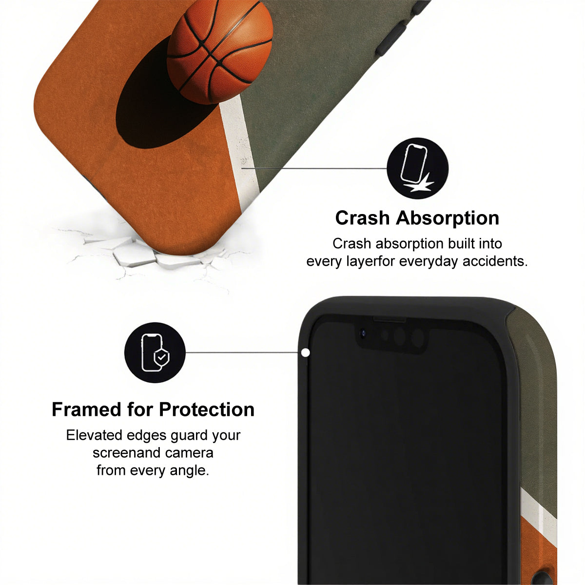 Phone case with basketball illustration and text highlighting crash absorption and protection.