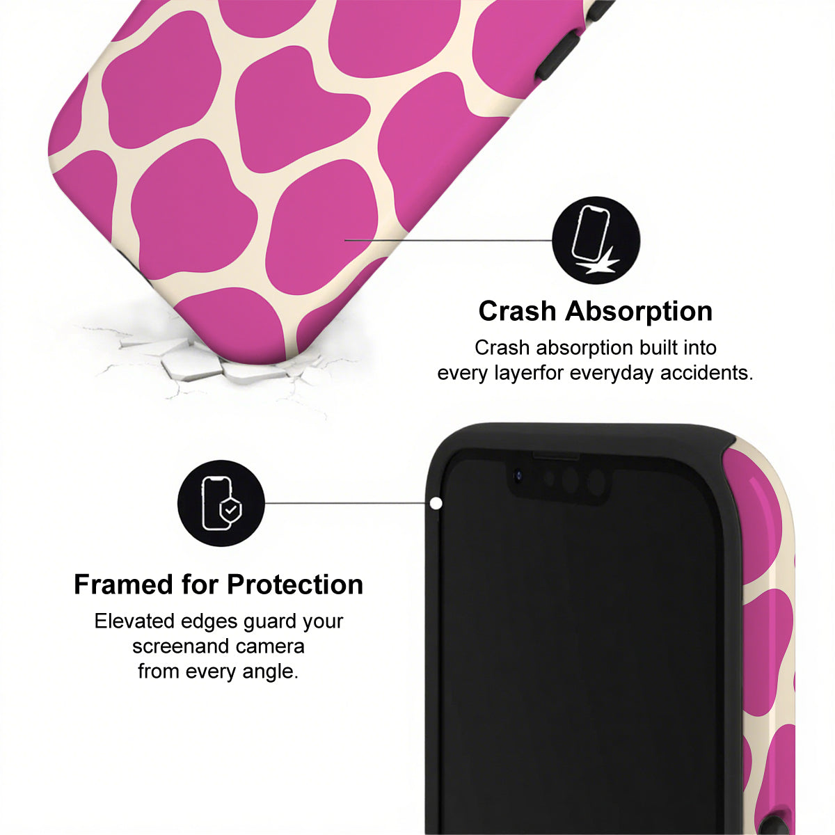 Phone case with pink and white pattern and text about crash absorption and protection.