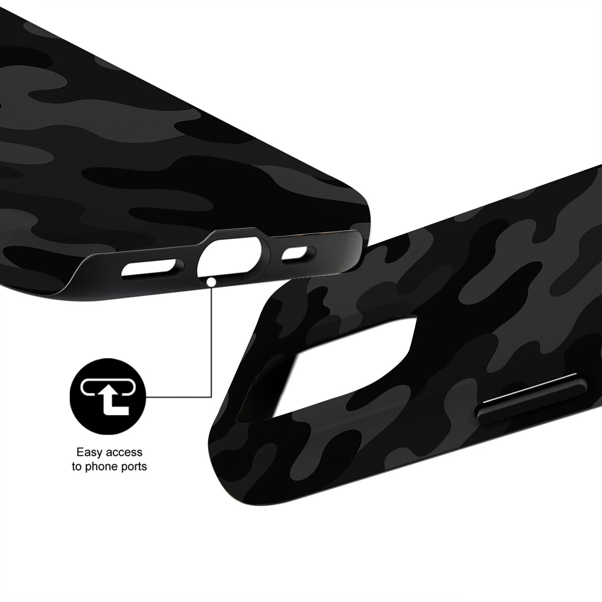 Black camouflage phone case with easy access to phone ports feature on a white background