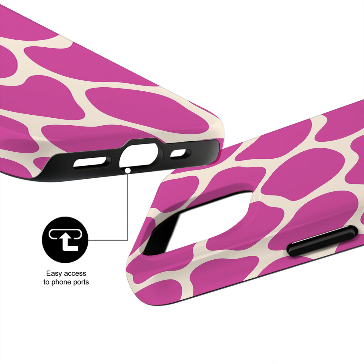 Pink and white patterned phone case with easy access to phone ports feature on a white background